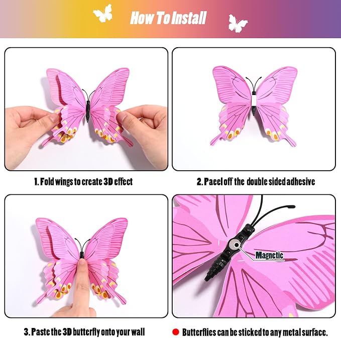 SAOROPEB 3D Butterfly Wall Decor, 72 Pcs Double Layer Butterfly Decorations for Party Decorations Locker Decor Refrigerator Decal, Reusable (Colorful)