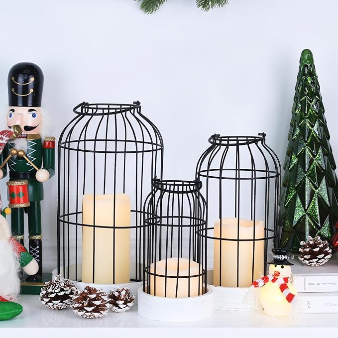 Rustic Farmhouse Lantern Decor Set of 3 Lanterns Decorative Indoor and Outdoor, Fireplace Mantle or Kitchen Dining Table - Modern Upscale Beauty for Home