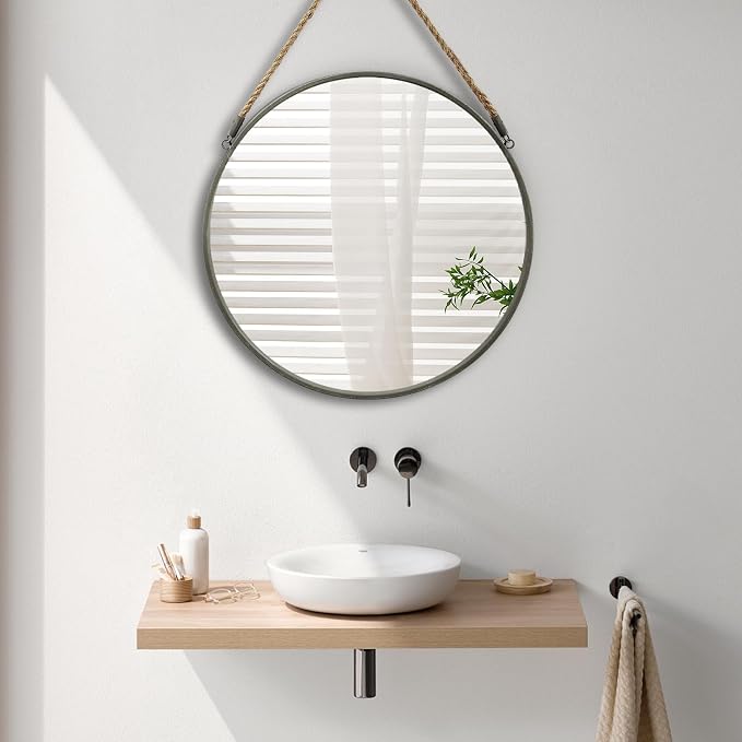 POZINO Round Hanging Mirror, 20 Inch Circle Wall Mirror with Rope, Grey Metal Frame Farmhouse Decorative Mirrors for Entryway, Living Room, Fireplace, Bedroom, Bathroom