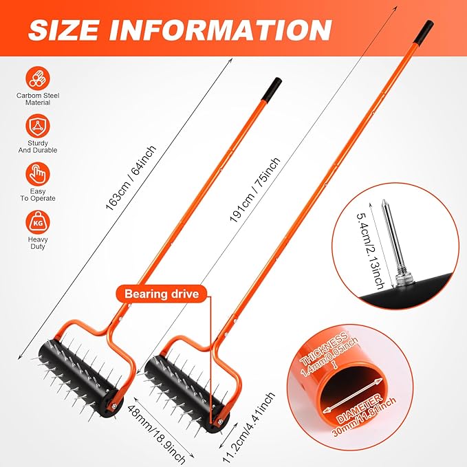 Rolling Lawn Aerator, 21" Soil Penetrator push Aerator for lawn,Preasembled Spike Garden Aerator Tool, 75" Adjustable Handle ,Heavy Duty Aerator lawn tool for garden,farm care,Keep the soil health.