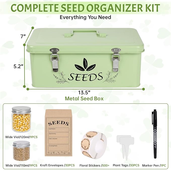 Spring Seed Storage Organizer | 3-Compartment Metal Seed Box with Locking Lid | 18 Wide-Mouth PET Vials, 30 Envelopes, 500+ Labels | Portable Seed Bank & Gift (Mint Green)