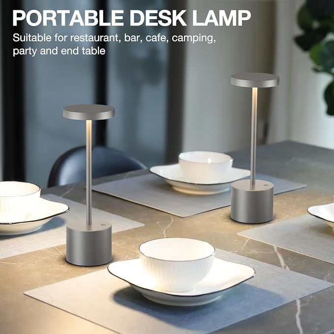 Kakanuo Grey Rechargeable Cordless Lamp - Touch Control, 3 Color Temperature, Wireless Battery Operated Lamps, Stepless Dimmable, Set of 2