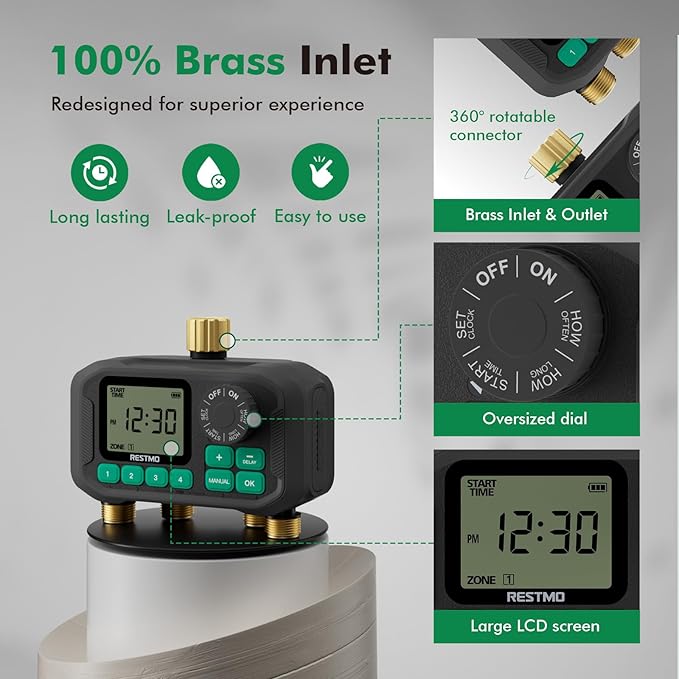 RESTMO Remote Control Brass Sprinkler Timer for Outdoor Hose Faucet 4 Zone, Max 11h59m Programmable Water Timer for Soaker Hose, Misting with Large Dial, Rain Delay/Manual/Automatic Irrigation System