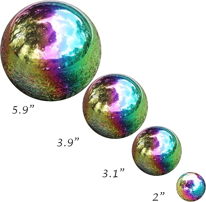 Kunjocy Pack of 8 Stainless Steel Gazing Balls Assorted 50-150mm Small Garden Gazing Globes Hollow Mirror Polished Seamless Reflective Sphere Balls for Home Yard Lawn Outdoor Decorations (Rainbow)