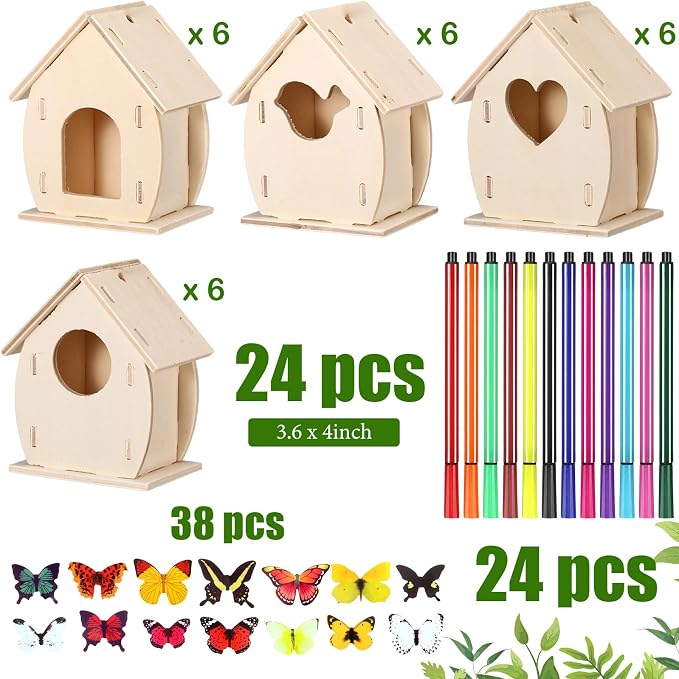 Outus 24 Pcs Wooden DIY Birdhouse Kits for Kids to Build, 4 Shapes Birdhouse Kit Wooden Unfinished with Butterfly Sticker for Boy Girl Arts Crafts(Cute)