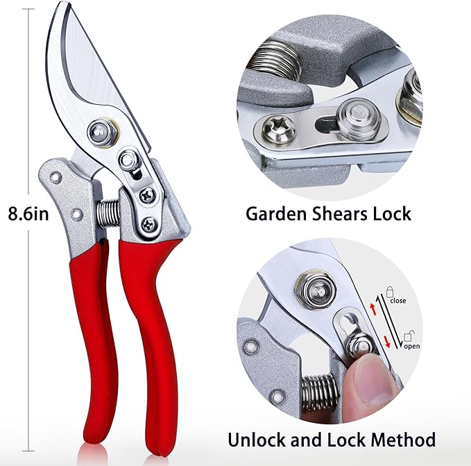 Kynup 8.6" Professional Pruning Shears for Gardening, SK5 Stainless Steel Garden Hand Pruners for Heavy Duty Clean Cuts 4X Easier, Garden Scissors for Arthritis Left Handed, Secure Safety Lock