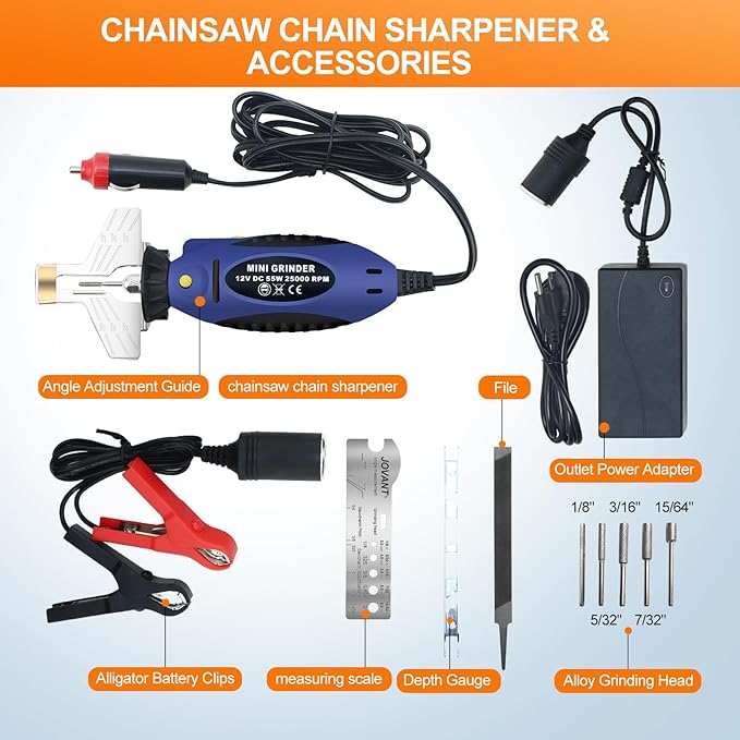 Electric Chainsaw Sharpener kit， Chainsaw Chain sharpener12V,DC 55W 25000PRM,with 5 Alloy Grinding Stones,File, 110V Convert 12V Outlet Power Adapter (ETJ007)