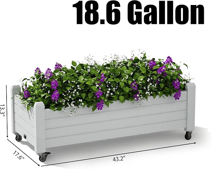 Raised Garden Bed with Wheels, Resin Planter Box with Drain Hole and Water Level Detector, Herb Planter for Garden Patio Backyard, Ashen(13.3" H)