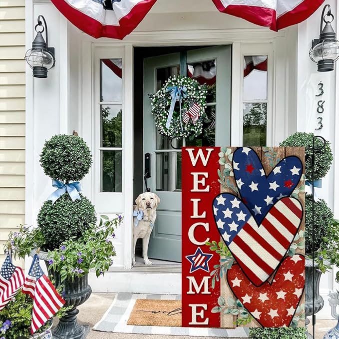 CROWNED BEAUTY 4th of July Patriotic Welcome Garden Flag 12x18 Inch Double Sided USA Flag Hearts Blue Red Memorial Day Independence Day Outside Yard Party Decoration