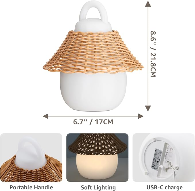 Rattan Outdoor Lanterns, GGII Rechargeable Camping Lantern with IP44 Waterproof, Battery Operated Outdoor Portable Cordless Table Lamp with RGB Lights for Patio Balcony Garden