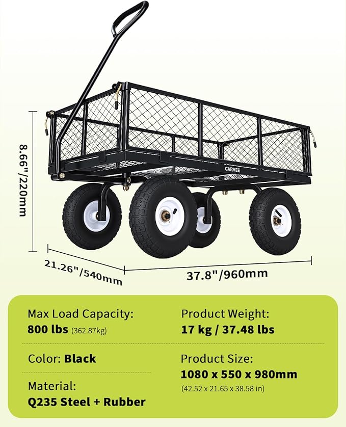 Garvee Versatile Outdoor Utility Cart - 800LBS Heavy-Duty, 10" All-Terrain Pneumatic Tires, Easy Maneuverable Lawn Cart with Removable Mesh Panels for Gardening & Landscaping, Black