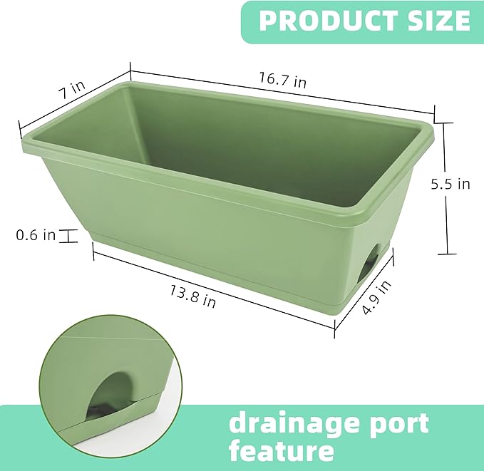 LOCONHA Window Box Planter, Plastic Vegetable Flower Planters Boxes 17 Inches Rectangular Flower Pots with Saucers for Indoor Outdoor Garden, Patio, Home Decor (7, Aqua)