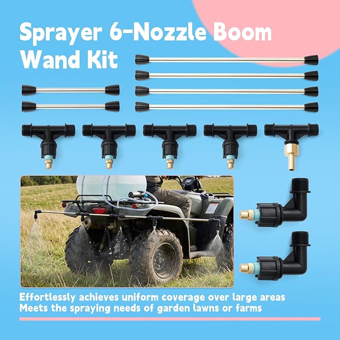 6-Nozzle Poly Boom Wand with 3/8" Brass Fitting 7.5 Feet Sprayer Boom Kit for All-Terrain Vehicle, Wide-Coverage Agricultural & Lawn Spray Attachment, for Utility Task Vehicles and Tractors