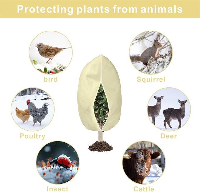6 PCS Plant Covers Freeze Protection, 47.2"x31.5" Frost Blankets with Zipper Drawstring Reusable Winter Plant Protectors Bag Covers for Outdoor Garden Trees, Shrubs Cover for Frost Cold Pest, Beige