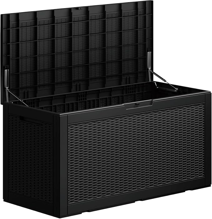 TARKARI 100 Gallon Outdoor Storage Box Waterproof, Resin Deck Boxes with Lockable Lid & UV-Resistant for Patio, Pool Accessories, Garden & Furniture Cushions, Black