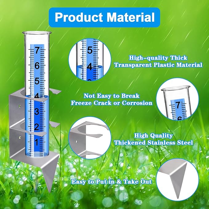 Rain Gauge,Rain Gauges Outdoors Best Rated with Stainless Steel Mounting Rack Holder,Freeze Proof Plastic Replacement Tube,Large Numbers,Rain Measure Gauge for Yard Garden Fence Lawn Patio Farm (7")