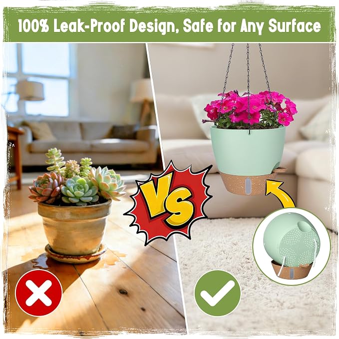 Self-Watering Hanging Planters with Water Level Window, 8/10 Inch Indoor Outdoor Hanging Plant Pots Includes Chain Hangers with Drainage Holes & Detachable Reservoir (Green, 8+10 inch)