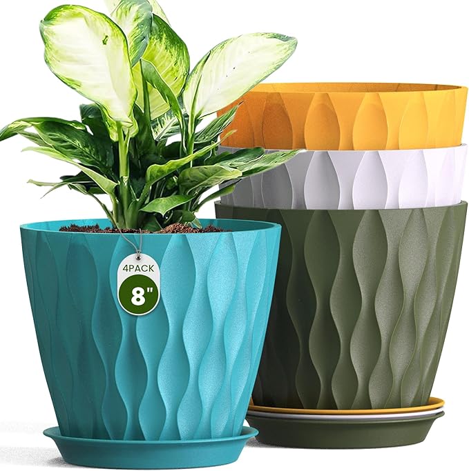 8 Inch Wave Plant Pots with Drainage Holes & Saucers, 4 Pack Modern Textured Medium Planters for Indoor Outdoor Plants, Decorative Flower Pots Set for Flowers, Herbs (Multicolor)