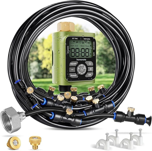 HOMENOTE Misting Cooling System with Timer, 59FT Misting Hose+20 Brass Nozzles+3/4" Brass Adapter+Water Timer with Mist Mode & Irrigation Mode, Outdoor Misters for Patio Cooling and Garden Watering