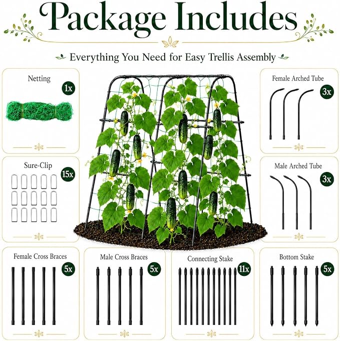 FOLLOOK Cucumber Trellis for Raised Garden Bed, Rustproof Metal Garden Arch Trellis for Climbing Plants Support Outdoor Fruit Grape Vine Vegetable Tomato Pole Bean Snap Pea Trellis, 48x48inch, Black
