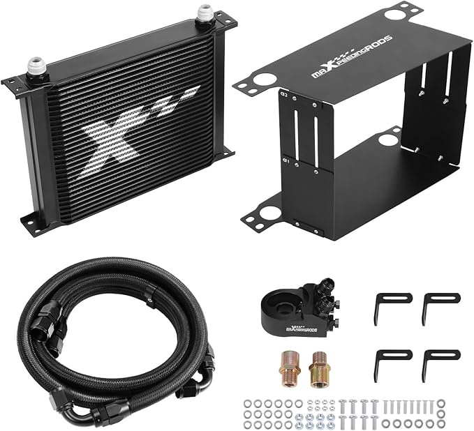 maXpeedingrods 30 Row Oil Cooler Kit, 10AN Transmission Engine Cooler British Radiator Universal Aluminium Black, Thermostatic Oil Filter Sandwich Adapter with Air Guide Kit and 2Pcs Oil Cooler Hoses