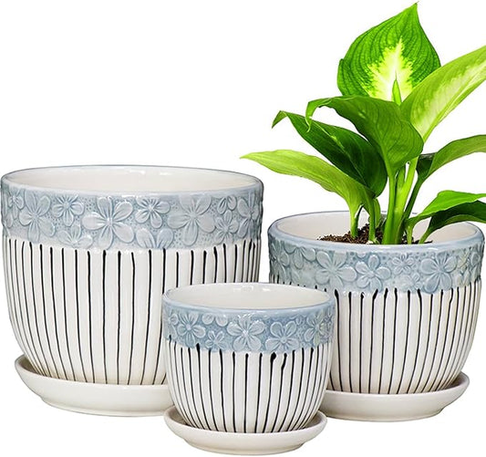 Hlukana Ceramic Plant Pots Set of 3, 6.75/5.6/4.2 inch Planters with Drainage Holes and Saucer, Flower Pot Outdoor Indoor, Modern Decorative Planters for House Plants Garden Planters Succulent Pots