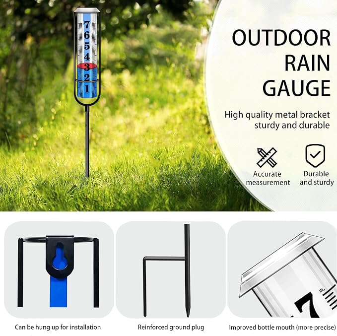 Rain Gauge Outdoor, Rain Gauges Outdoors Best Rated, Accurate Rain Measure Gauge for Garden, Thickened Tube Rain Meter with Stake, Adjustable Height & Large Font Water Gauge for Rain, Easy to Read