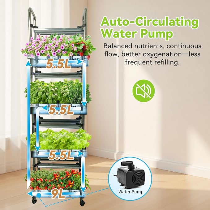 Indoor hydroponics Growing System, Large Vertical Hydroponic Garden with Smart Full-Spectrum Grow Lights, Auto Circulating Water, Mobile Indoor Gardening System for Herbs, Vegetables & Fruits
