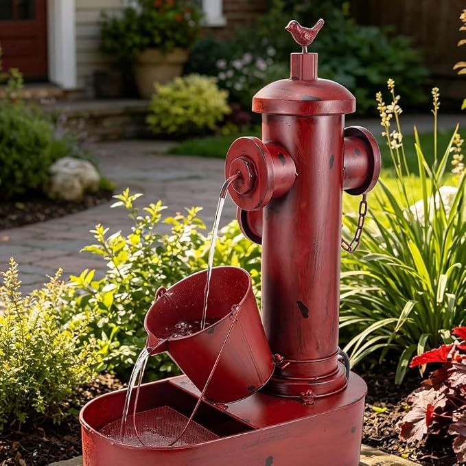 Water Fountain Outdoor, 27" Vintage Waterfall Fountain Red Fire Hydrant, Rustic Metal Outdoor Water Fountain with Tilted Bucket for Garden Patio Yard Deck Decor