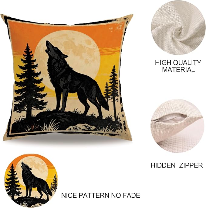 Vintage Wildlife Animal Pillow Covers 18x18 Inch Set of 4, Bear Moose Wolf Cabin Decor Throw Pillow Cases,Farmhouse Rustic Forest Sunset Cushion Covers for Living Room Sofa Lodge Home Decor(Brown)