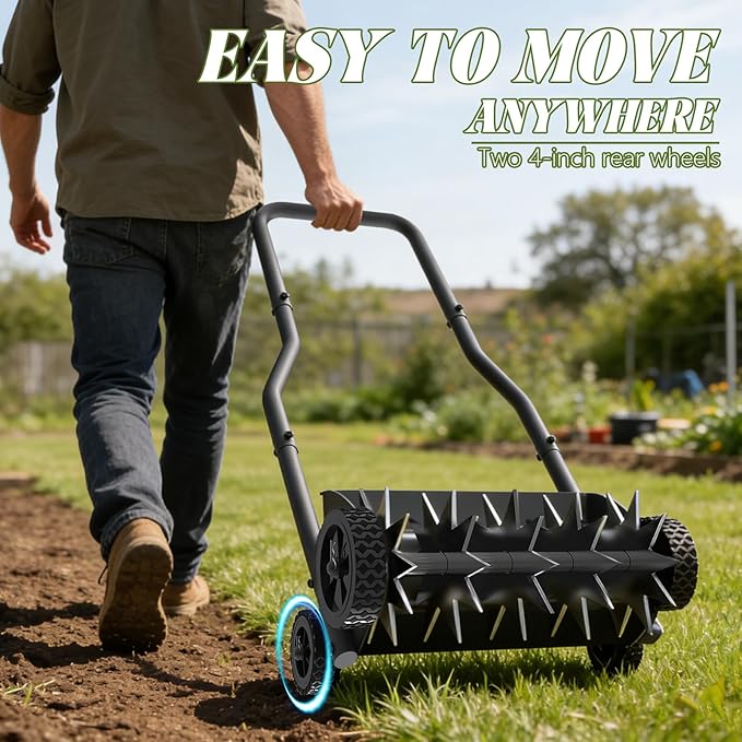 Lawn Aerator with Weight Bag, Heavy Duty Lawn Aerator Tool with 4 Wheels, Manual Lawn Aerators Tool with 43.3" Steel Handle, Core Aerator Lawn Tool Alternative for Lawn, Garden and Yard