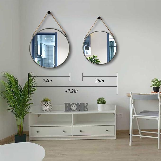 POZINO Round Hanging Mirror, 20 Inch Circle Wall Mirror with Rope, Grey Metal Frame Farmhouse Decorative Mirrors for Entryway, Living Room, Fireplace, Bedroom, Bathroom