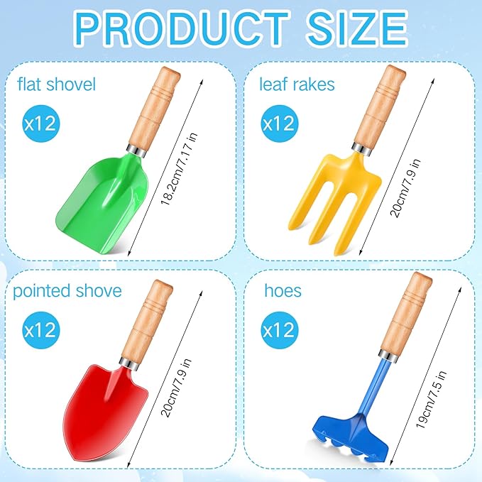 48 Pcs 8" Kids Gardening Tools, Metal Beach Sandbox Digging Toys with Wooden Handle, Including Shovel, Rake, Fork and Trowel, Garden Sand Snow Tools for Children Gift Outdoor Gardening