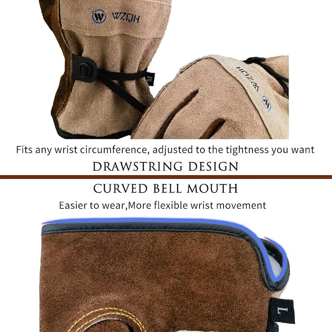 WZQH Leather Work Gloves for Men or Women. XX-Large Glove for Gardening, Tig/Mig Welding, Construction, Chainsaw, Farm, Ranch etc. Cowhide, Cotton Lined, Utility, Firm Grip, Durable. Coffee-grey 2XL
