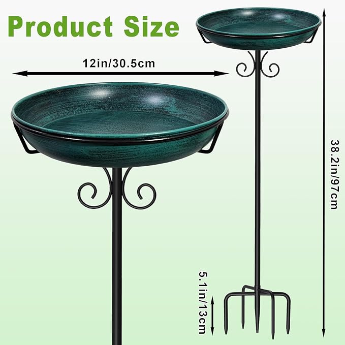 38In Freestanding Bird Bath for Outside, Detachable Birdbaths with Metal Stake, Bird Bath Feeder Bowl for Outdoors Garden Patio Yard Lawn,Sturdy Upgraded 5 Pronged Base (Green)