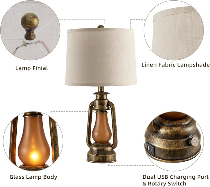 25" Set of 2 Rustic Lantern Table Lamps for Living Room Bedroom, 2 USB Ports Farmhouse Vintage Bedside Desk Lamp Nightlight for Entryway Office End Table, 4 Bulbs Included