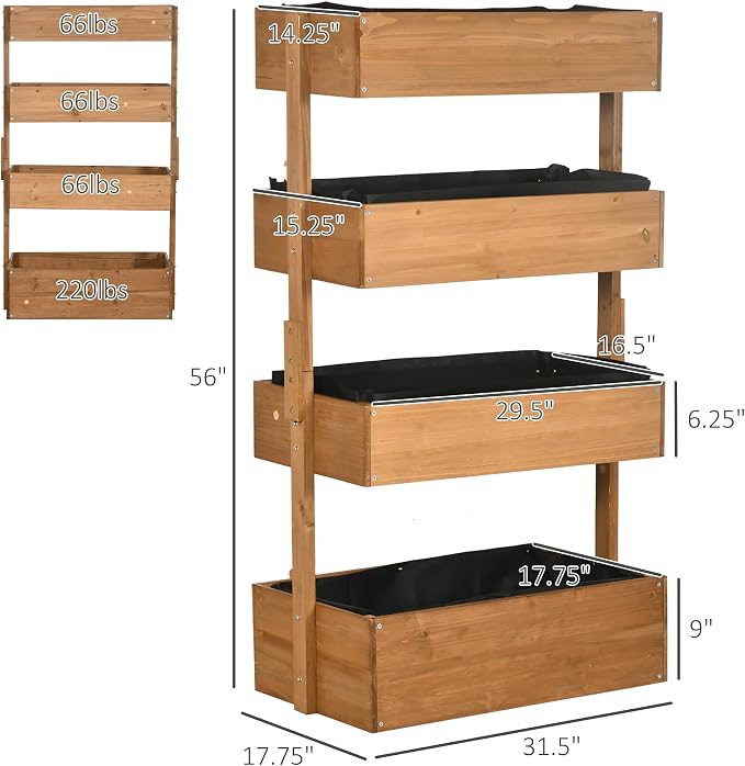 Outsunny Vertical 4 Tier Raised Garden Bed, Wooden Planter Box, Self-Draining with Bed Liner for Indoor Outdoor Flowers, Vegetables and Herbs, Orange