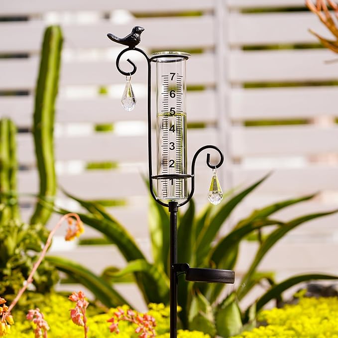 Bird Rain Gauge Outdoor with Solar Led Lights with Two Water Droplet Shaped Crystal Pendants. Bird Rain Gauge Decorative for Yard Garden Patio Lawn. Decorative Garden Yard Decor