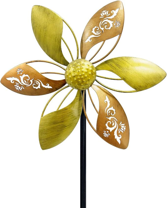 2 Pack 37" Metal Wind Spinners for Yard & Garden, 10" Kinetic Outdoor Garden Spinners, Rust-Resistant Decorative Yard Art (Gold Ornate Laser-Cut Floral)