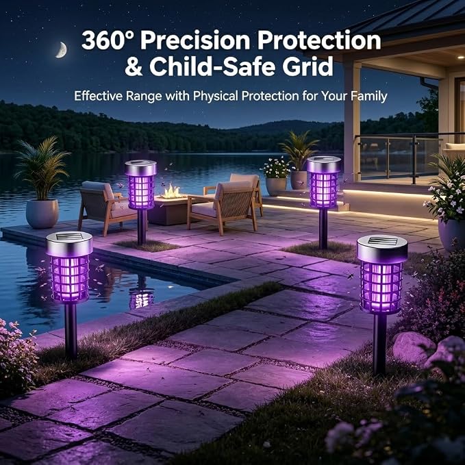 4 Pack Upgraded Solar Bug Zapper Outdoor Waterproof Mosquito Repellent Outdoor Patio Mosquito Trap & Killer for Moths, Gnats, Flies, Small Flying Insect, Solar Powered Fly Zapper for Backyard, Garden