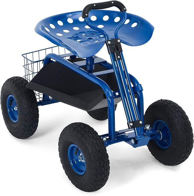 Rolling Garden Work Seat with Wheels, 400lbs Heavy Duty Garden Cart, 360° Swivel Adjustable Height Rolling Stool, Extendable Handle, Storage Basket & Tray for Gardening, Lawn Care, Adults & Seniors