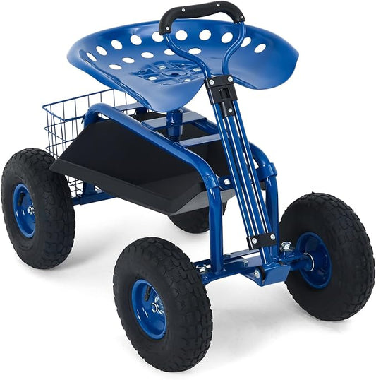 Rolling Garden Work Seat with Wheels, 400lbs Heavy Duty Garden Cart, 360° Swivel Adjustable Height Rolling Stool, Extendable Handle, Storage Basket & Tray for Gardening, Lawn Care, Adults & Seniors