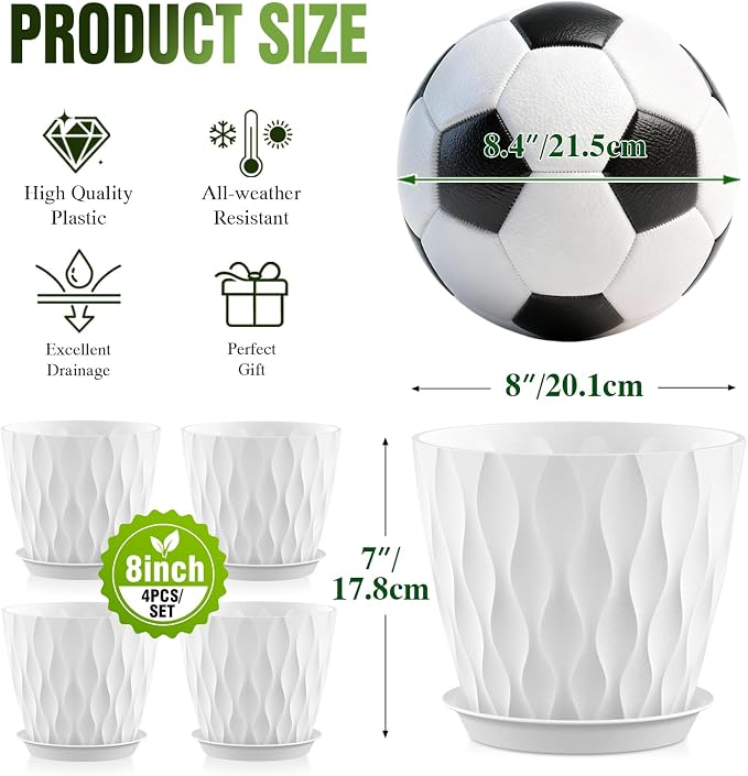 8 Inch Wave Plant Pots with Drainage Holes & Saucers, 4 Pack Modern Textured Medium Planters for Indoor Outdoor Plants, Decorative Flower Pots Repotting Set for Flowers, Herbs (White)
