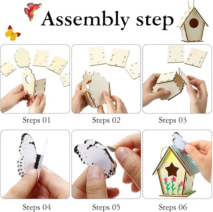 Outus 24 Pcs Wooden DIY Birdhouse Kits for Kids to Build, 4 Shapes Birdhouse Kit Wooden Unfinished with Butterfly Sticker for Boy Girl Arts Crafts(Vintage)