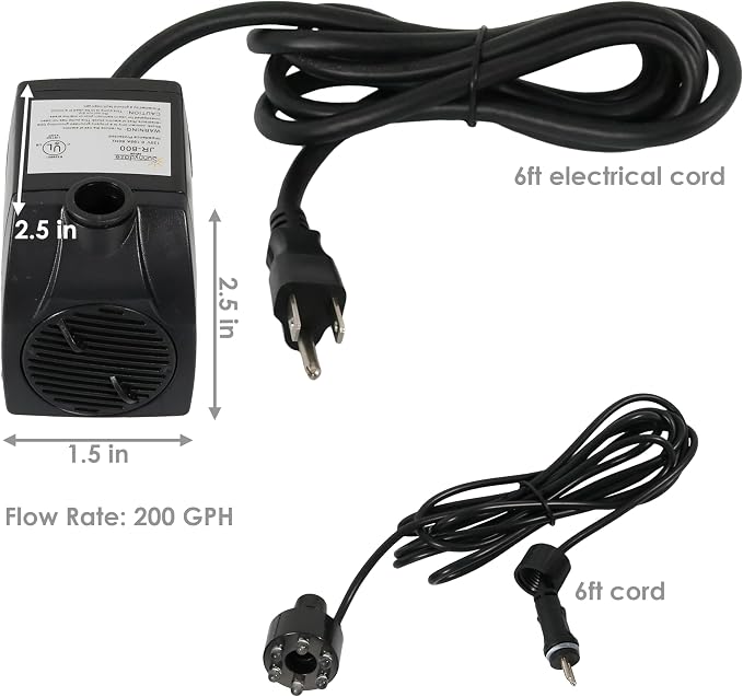 Sunnydaze 200 GPH Submersible Water Pump – 12W, 12V Small Fountain Pump with Adjustable Flow, White LED Light & Transformer for Outdoor Fountains, Bird Baths, Aquariums