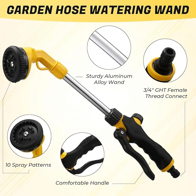 Hushee 2 Pack Garden Hose Watering Wand, 17.7 Inch Metal Watering Wand with 10 Spray Patterns and Shut Off Valve, Hose Sprayer Nozzle for Hanging Baskets Shrubs Plants Garden Lawn(Yellow)