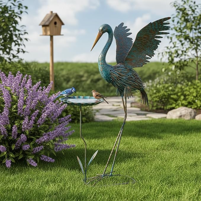 Heron Outdoor Statues with Leaf Tray, Large Crane Garden Statue for Outside, Elegant Metal Crane Yard Art Garden Decor for Garden Yard, Porch