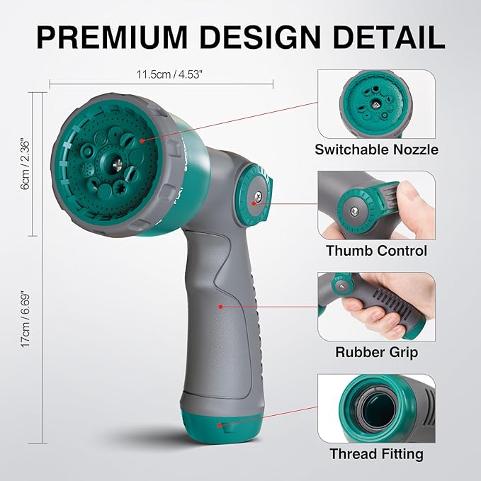 Hose Nozzle, Thumb Control Garden Hose Nozzle, 10 Adjustable Pattern Water Hose Sprayer Nozzle, Ergonomic Spray Nozzle for Gardening, Garden Tool for Watering, Ground Cleaning, Car Washing