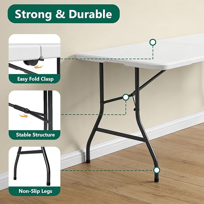 Folding Table, 6ft Portable Foldable Table Picnic Table Plastic Table for Party, White