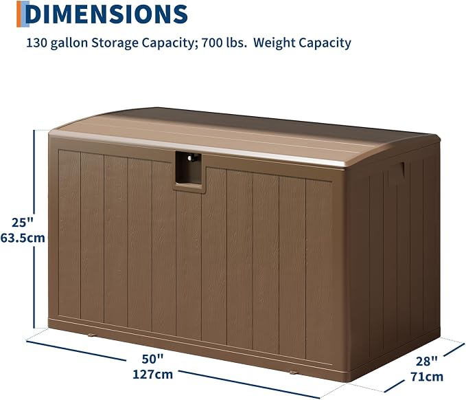 130 Gallon Resin Deck Box, Waterproof & Lockable Patio Storage Box with Hydraulic Lid for Outdoor Garden Tools, Pool Accessories & Cushions